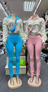 “Spring” 2-Piece Leggings & Long Sleeve Set for Women – White & Pink or Blue